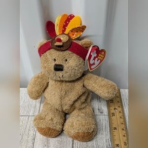Ty Little Bear Tan Bear with Colorful Feathers